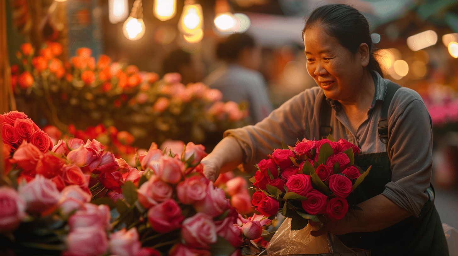 Fleuriste qui emballe des roses