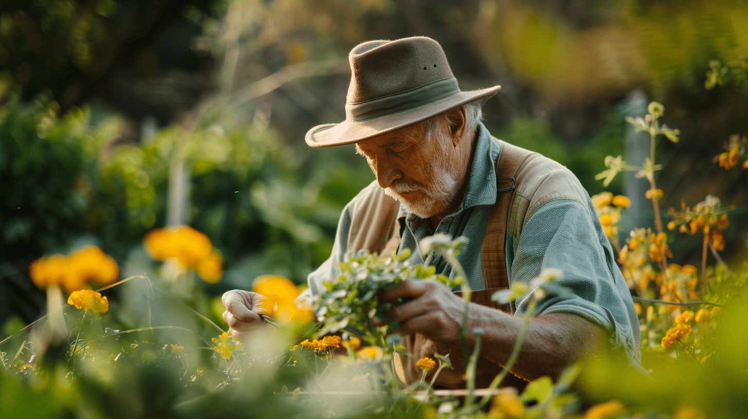 Une personne agée entretien son jardin