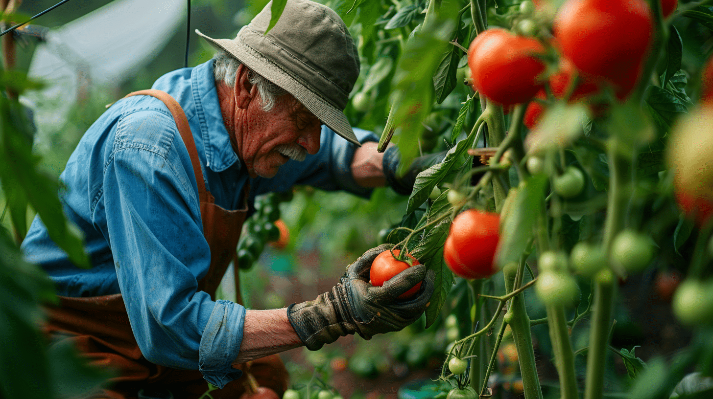 Jardinier qui arrose des plants de tomate