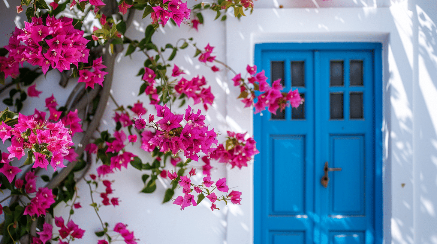 Bougainvillier fleuri devant une maison blanche