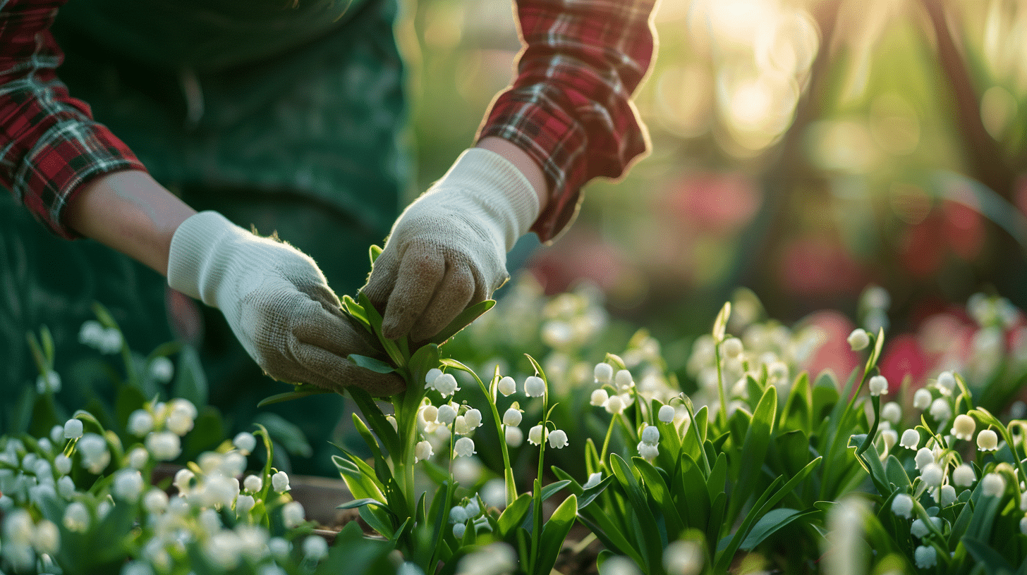 Paysagiste qui entretient du muguet