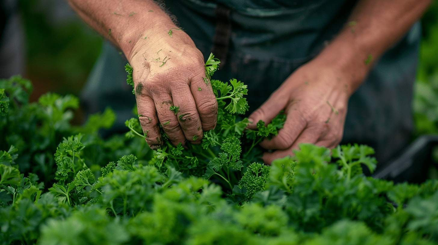 Jardinier qui ramasse du persil