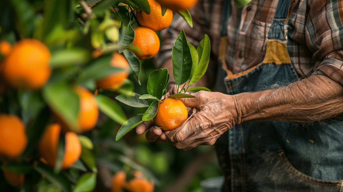 Jardinier qui récolte des mandarines