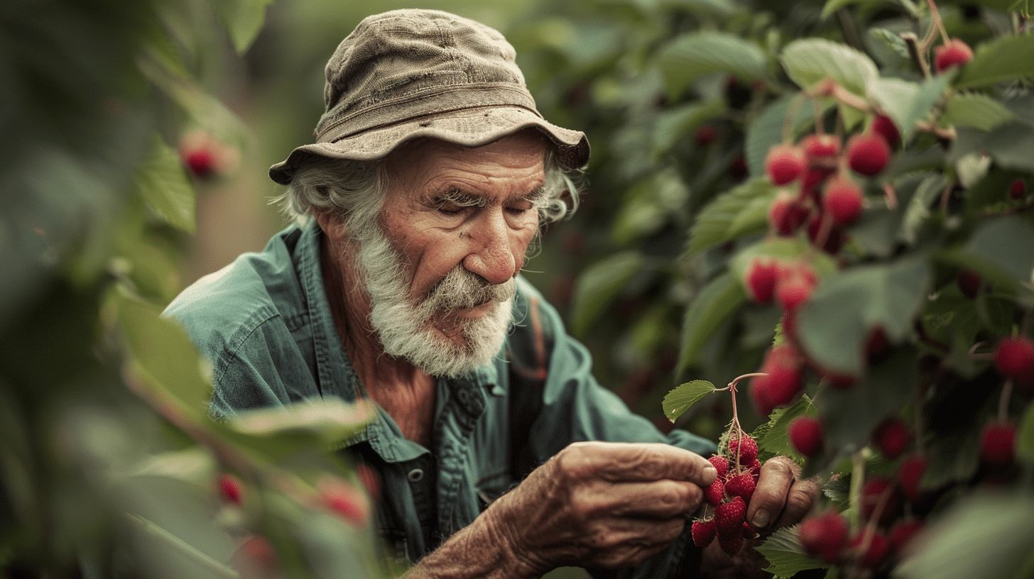 Paysagiste qui récolte des framboises