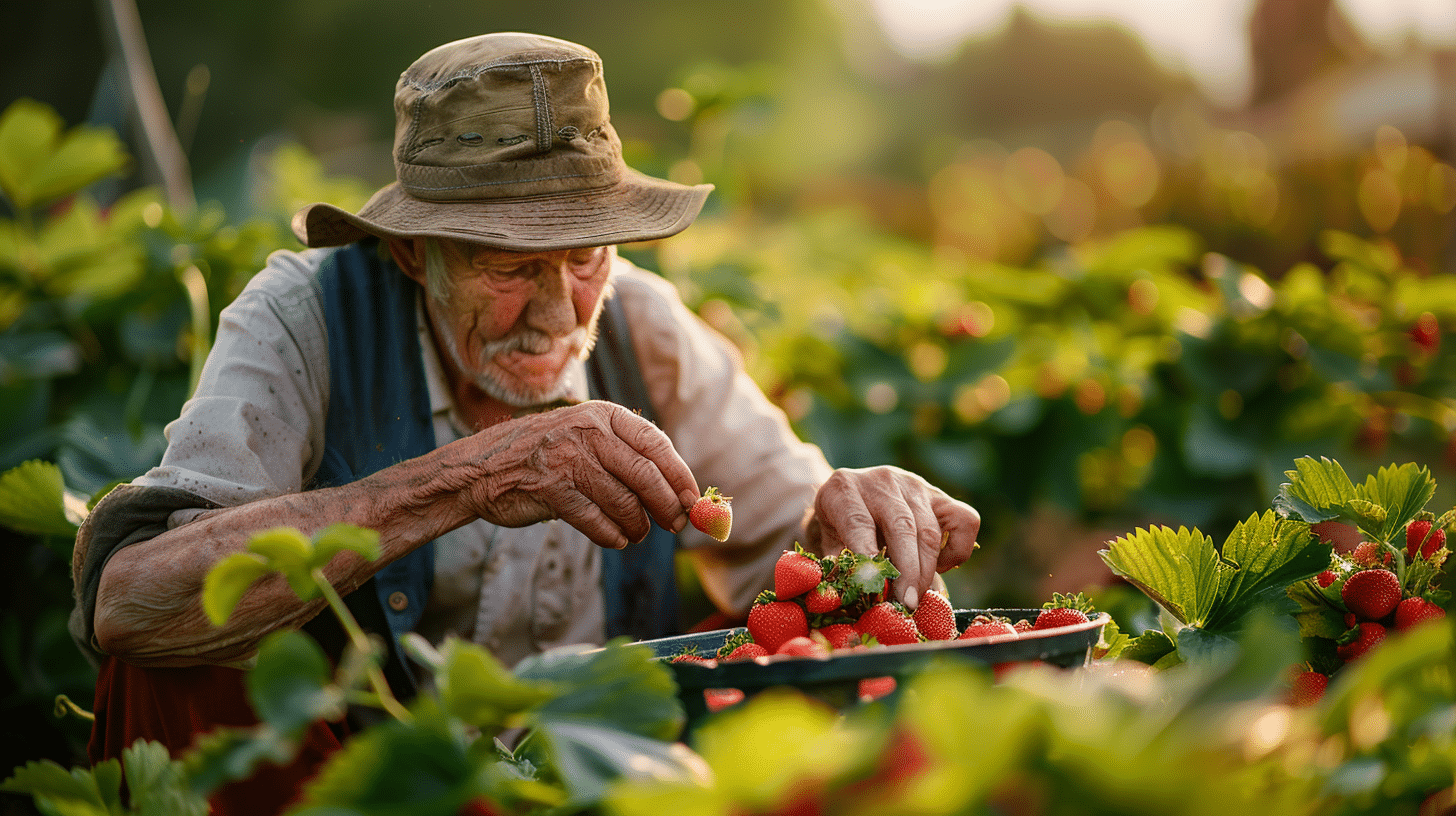 Jardinier qui récolte les fraises